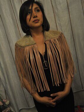 Light Brown Cowhide Shawl with Pink Fringe – Western Boho Statement